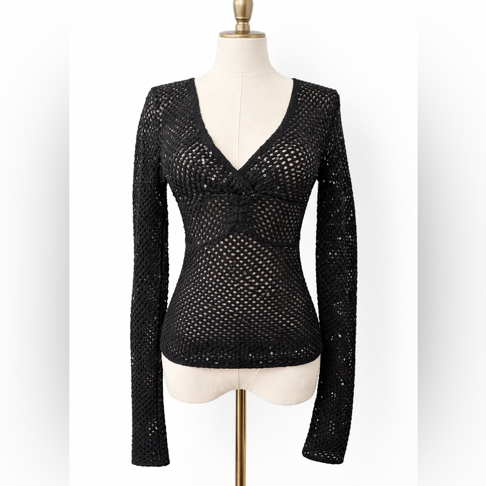 Catherine Malandrino Black Sequin Mesh Knit Top Long Sleeve V-Neck Small